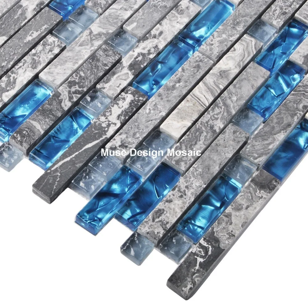 Серый мраморный камень морская синяя стеклянная мозаика настенная напольная