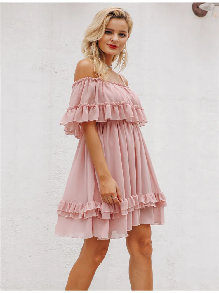 

Lace dress women 's word collar ruffle cake dress designer show 2019 high quality red , pink naughty strapless dress