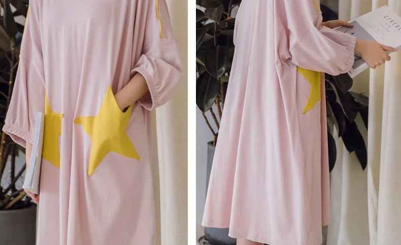New Stars Nightgown Sleep Wear Blue Night Shirt Home Dress Blue Cotton Nightwear Women Plus Size Plain Nightdress Nighty