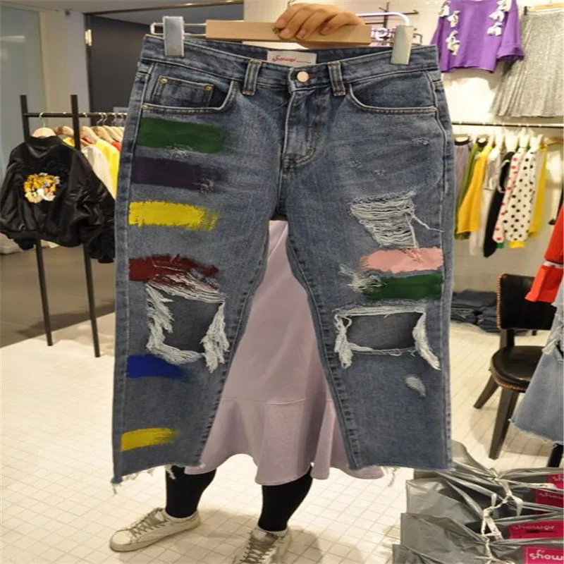 Разорвал Бойфрендов Джинсы Для Женщин 2017 Лето Весна Нищий Личность Нерегулярные