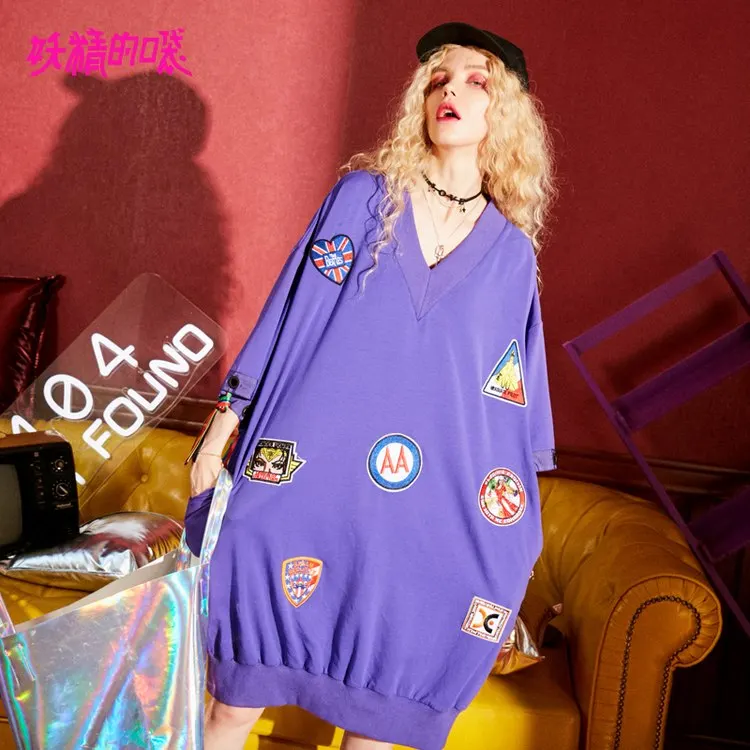 Purple ELFSACK женские платья с вышивкой и v-образным вырезом, женские платья размера плюс с аппликацией и кисточками, Свободные повседневные летние платья в стиле Харадзюку - Цвет: Purple