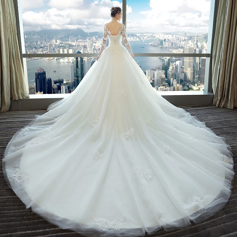 Fansmile, длинный шлейф, Vestido De Noiva, кружевные платья, свадебные платья, рукава, на заказ, размера плюс, свадебное Тюлевое платье для свадьбы, FSM-540T