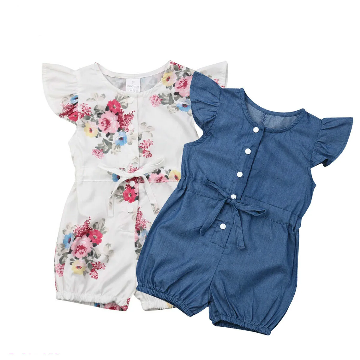 1-6Y Infant Baby Girl Kid Romper Fly Sleeve Belt Jumpsuit Floral/Solid Print Outfit Summer Clothes | Мать и ребенок