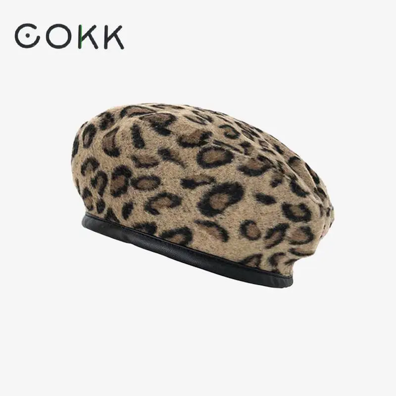 COKK Leopard Beret Female Autumn Winter Hats For Women Vintage Painter Flat Cap Boina Feminina Fashion Pu Leather Brim Beanie