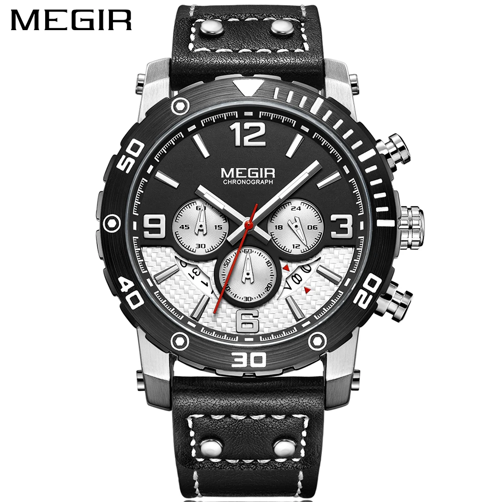 Часы MEGIR Мужские Наручные с кожаным ремешком брендовые Роскошные армейские