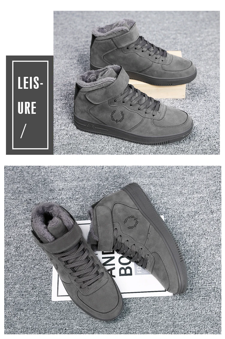 Men's Flats Cotton Padded Skateboarding Shoes High-top Lace Up Leather Winter Warm Black Grey Fashion For Men Boys 6 inch Nubuck