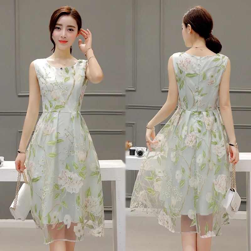 Новинка 2017 г. Платье без рукавов с рисунком органза маленький чистый и свежий