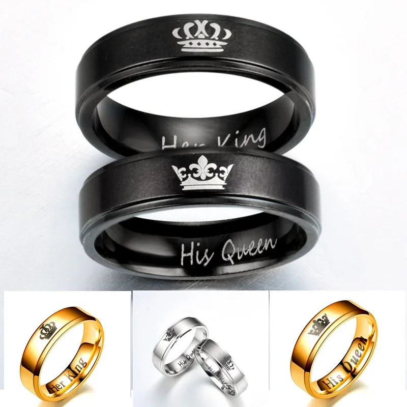 Anillos de pareja acero inoxidable moda negro y plata corona su rey la Reina joyeria aniversариo San Valentina|Кольца| |