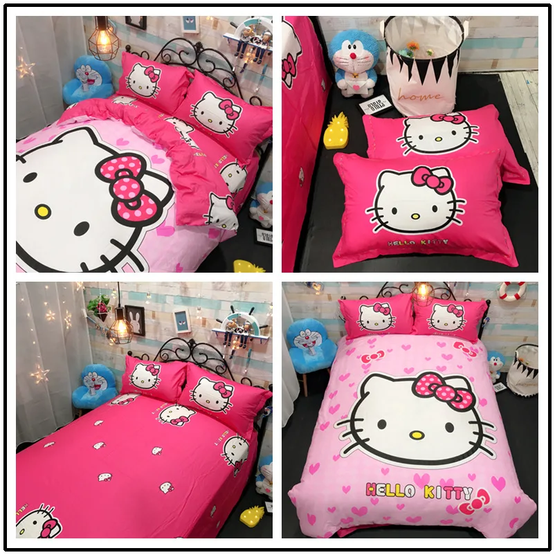 Hello kitty Милый хлопковый Детский Комплект постельного белья, простыня фиолетового цвета, мультяшная девочка KT, 4 шт., милые пододеяльники и одеяла, розовый цвет