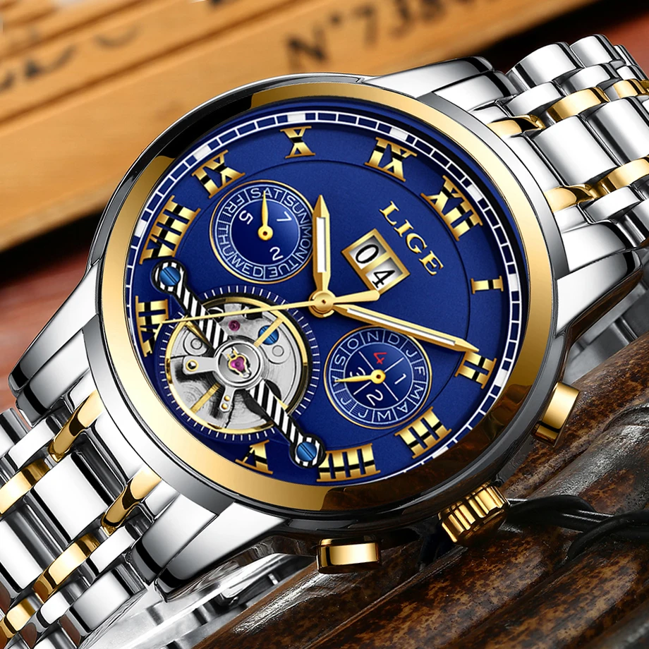 Часы LIGE для мужчин автоматические водонепроницаемые из нержавеющей стали -