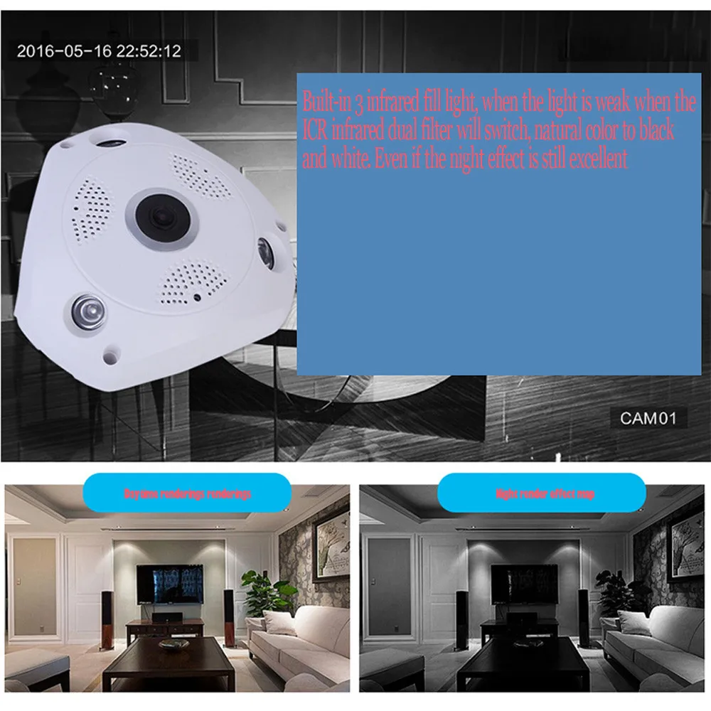 360 градусов панорамная камера 960P Скрытая ИК лампочка Wifi рыбий глаз CCTV охранный