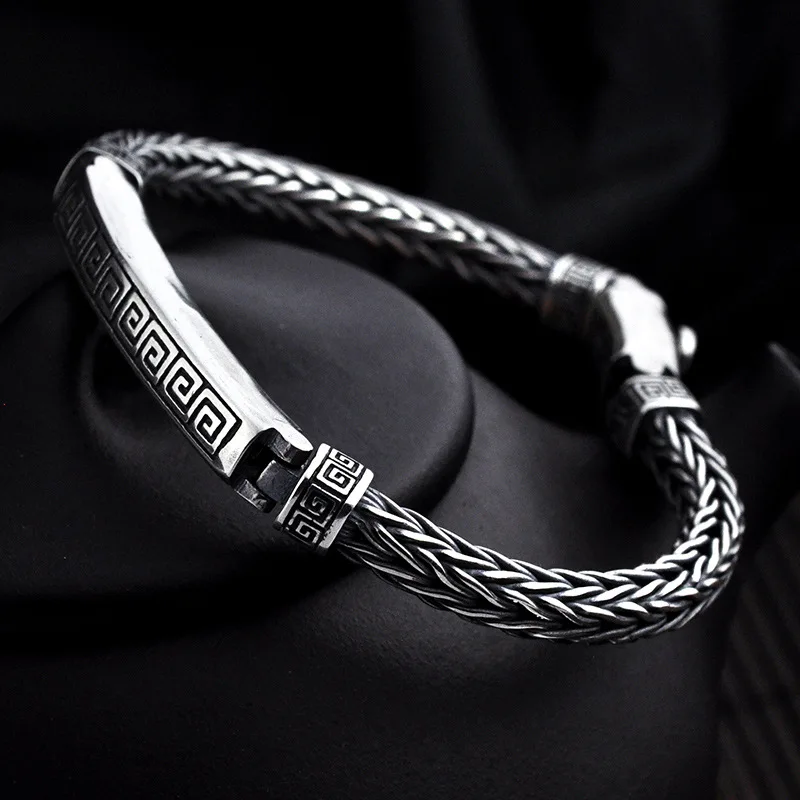 Pure 925 Sterling Silver Men Bracelets Vintage Punk Rock Hand-woven Personality Bracelets Thai Silver Fashion Jewelry Best Gifts