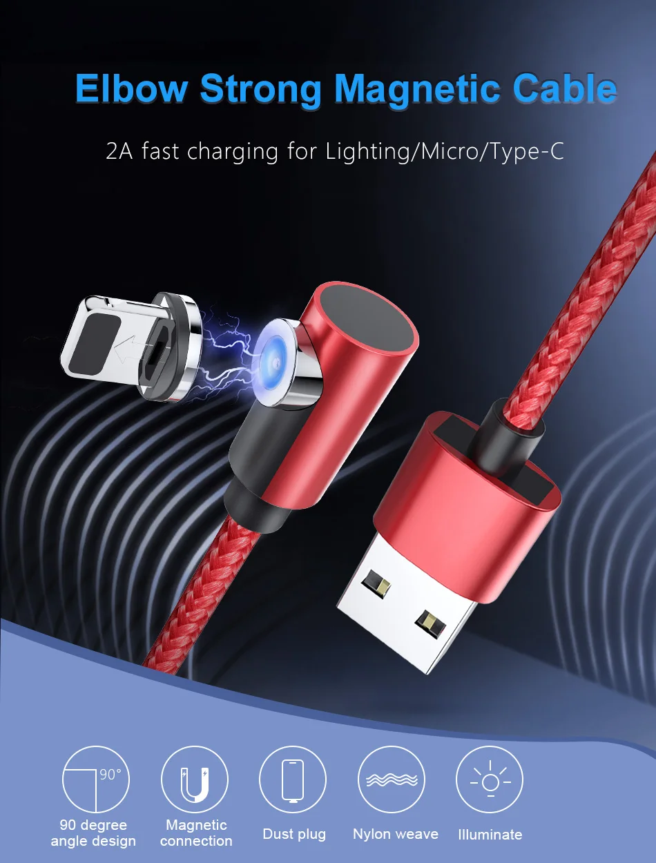 ACCEZZ 90 градусов быстрый Магнитный кабель Micro usb type C для iPhone 7 XS X 8 6 Plus samsung S7 S8 huawei магнитные кабели зарядного устройства 2 м