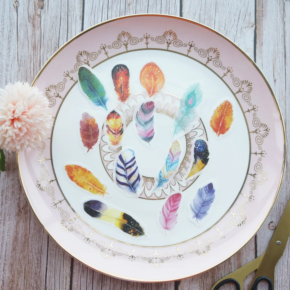 

44pcs Colorful Feather Flying Design Sticker As Gift Tag Christmas Gift Decoration Scrapbooking DIY Sticker