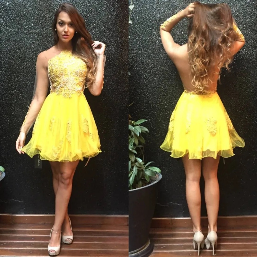 Yellow Homecoming Dresses A-line Long Sleeves Short Mini Organza Lace Beaded Elegant Cocktail Dresses