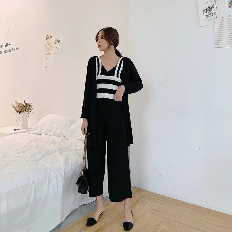 Черный ALPHALMODA весенний женский укороченный Топ жилет+ куртка+ широкие брюки вязаный костюм из трех предметов Женский Повседневный OL комплект - Цвет: Черный
