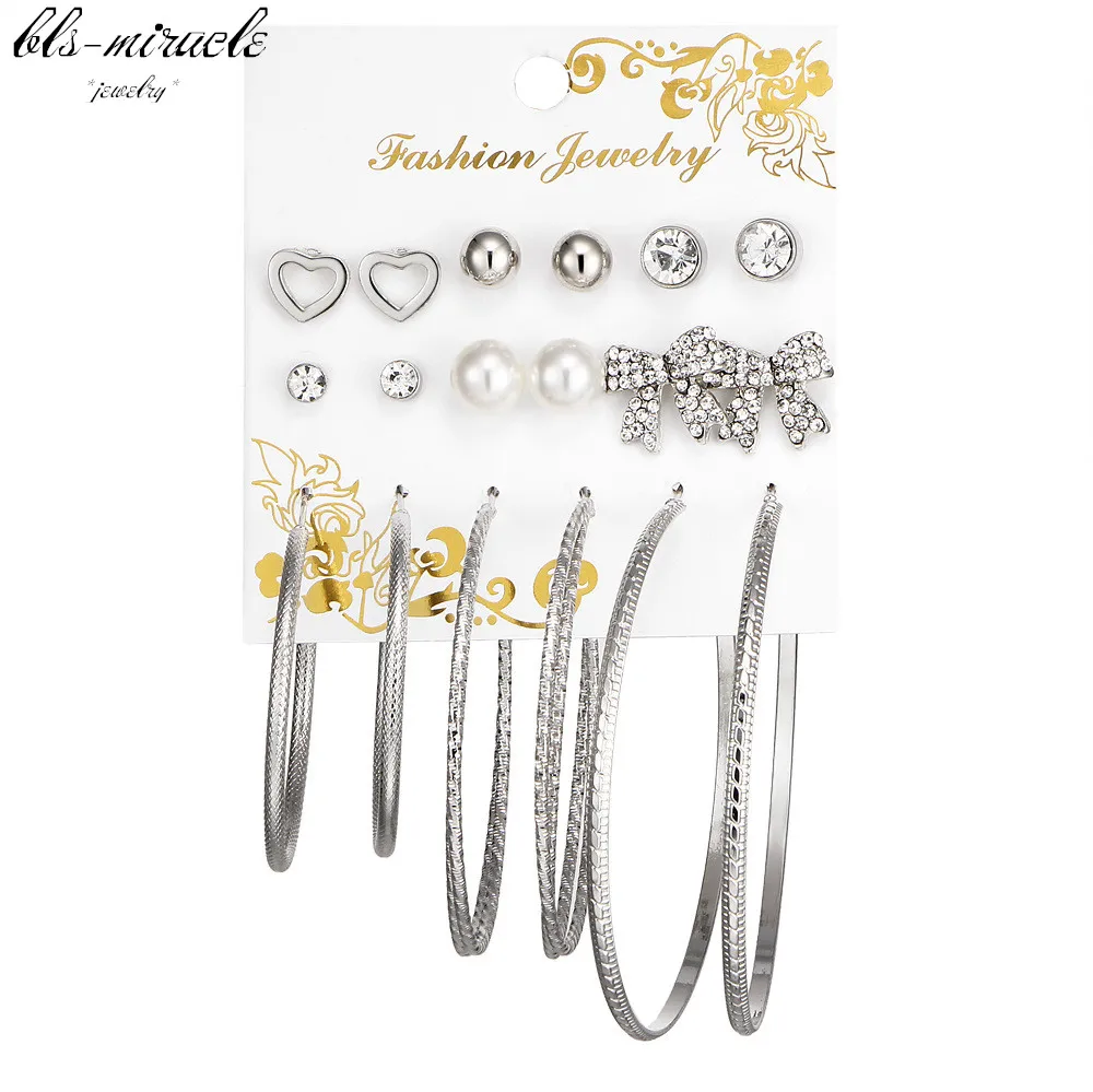 bls-miracle 1set=9pair jewelry alloy silver color Simulated Crystal Pear Bow shape stud Earring best wholesale E495 | Украшения и
