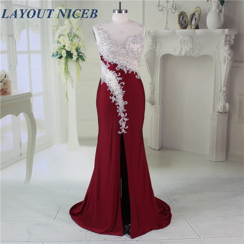 Элегантный халат de Soiree иллюзия вырез спереди раздельное сексуальное бордовое