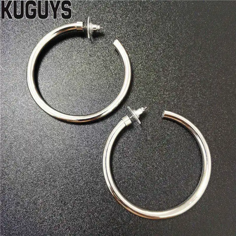 SILVER KUGUYS золотые серебряные круглые большие серьги для женщин ювелирные изделия трендовые винтажные Гипербола металлические серьги-обруч вечерние аксессуары Brincos - Окраска металла: SILVER