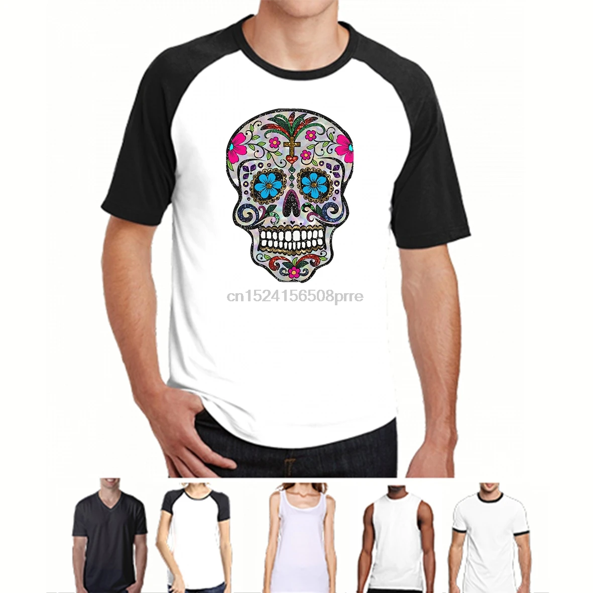 Fashion Cool Men T shirt Women Funny tshirt sequin Sugar Skulls Customized Printed T-Shirt | Мужская одежда