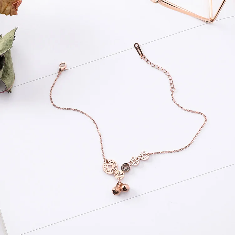 2018 Korean Simple Rose Gold Titanium Steel Chain Hollow Round Coins Lucky Bell Pendant Choker Necklace for Women Party Jewelry | Украшения