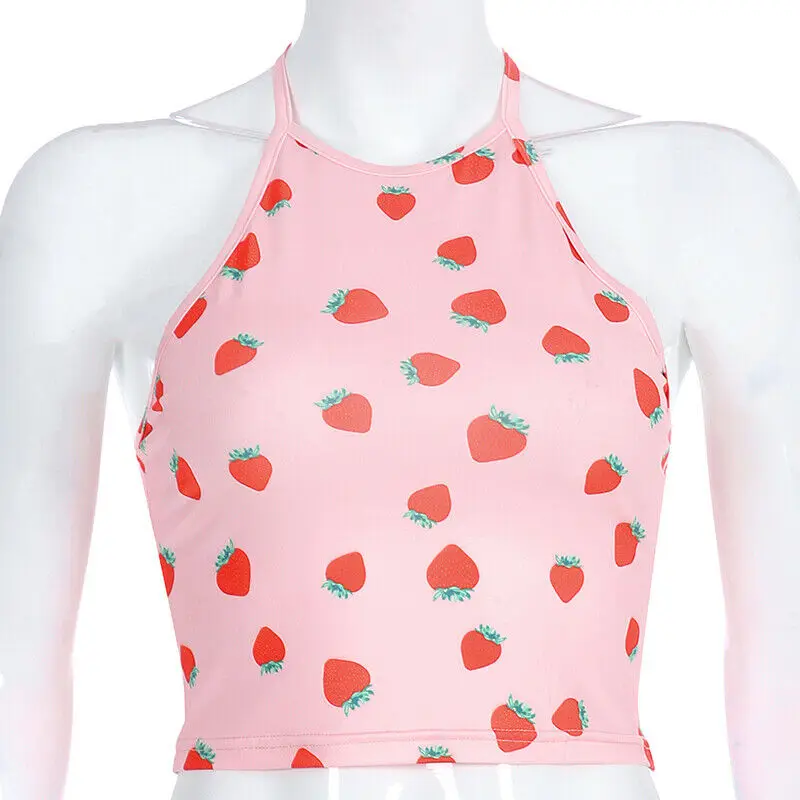 New Style Women Tank Top Halter Crop Singlet Print Strawberry Sheath Bandage Backless Short Casual Fashion Hot 2019 | Женская одежда