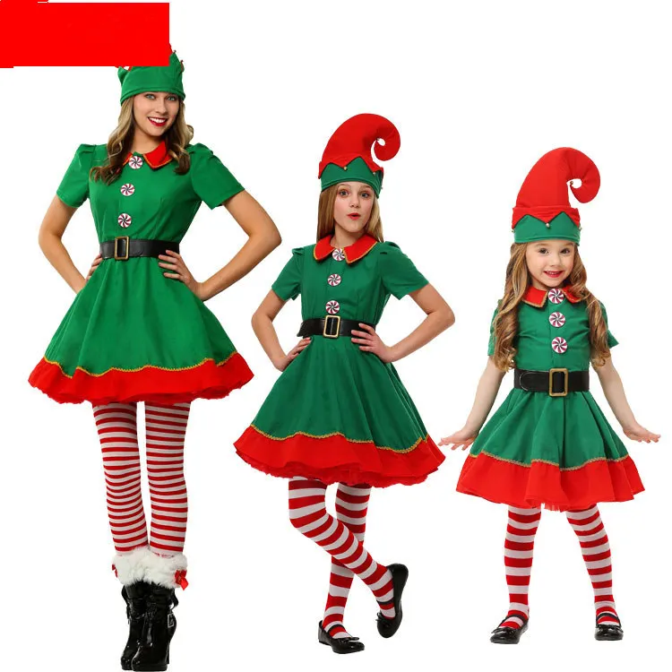 

Christmas Elves Costumes Women Christmas Halloween Costume Long Sleeve Green and Red Girl Elf Dress KIDS Christmas Costume