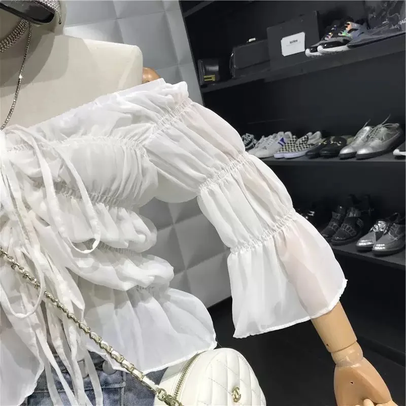 Жемчужный дневник пикантные белые женские рубашки с открытыми плечами шифоновая