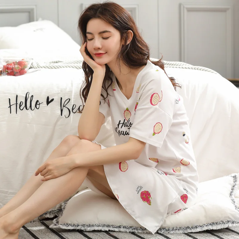 Хлопковая пижама для женщин летняя одежда 2019 ночная рубашка с v образным вырезом