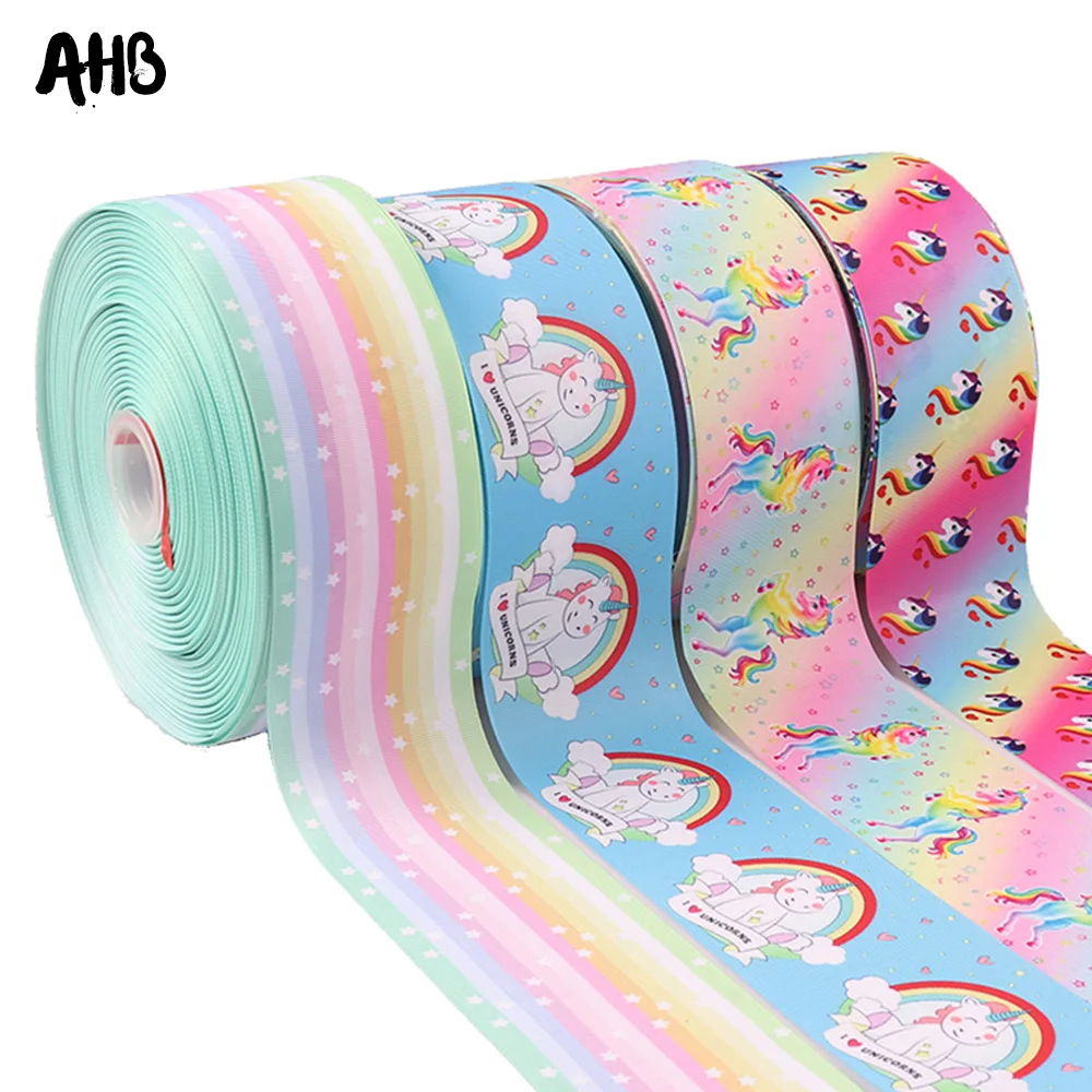 

AHB 2Y/lot Grosgrain Ribbon 75MM Rainbow Unicorn Printed Ribbon For Bows DIY Hair Accessories Gift Wrapping Party Decor Material