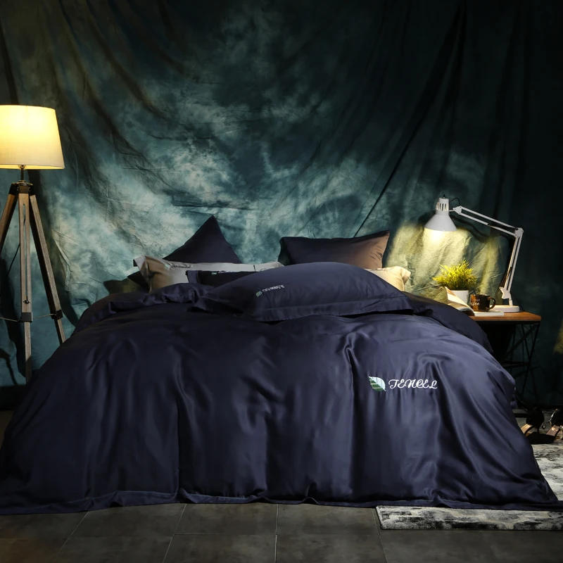 Black color Leaf embroidery Bedding Set Luxury tencel Soft Queen King size sets Bed Sheet Duvet Cover set | Дом и сад