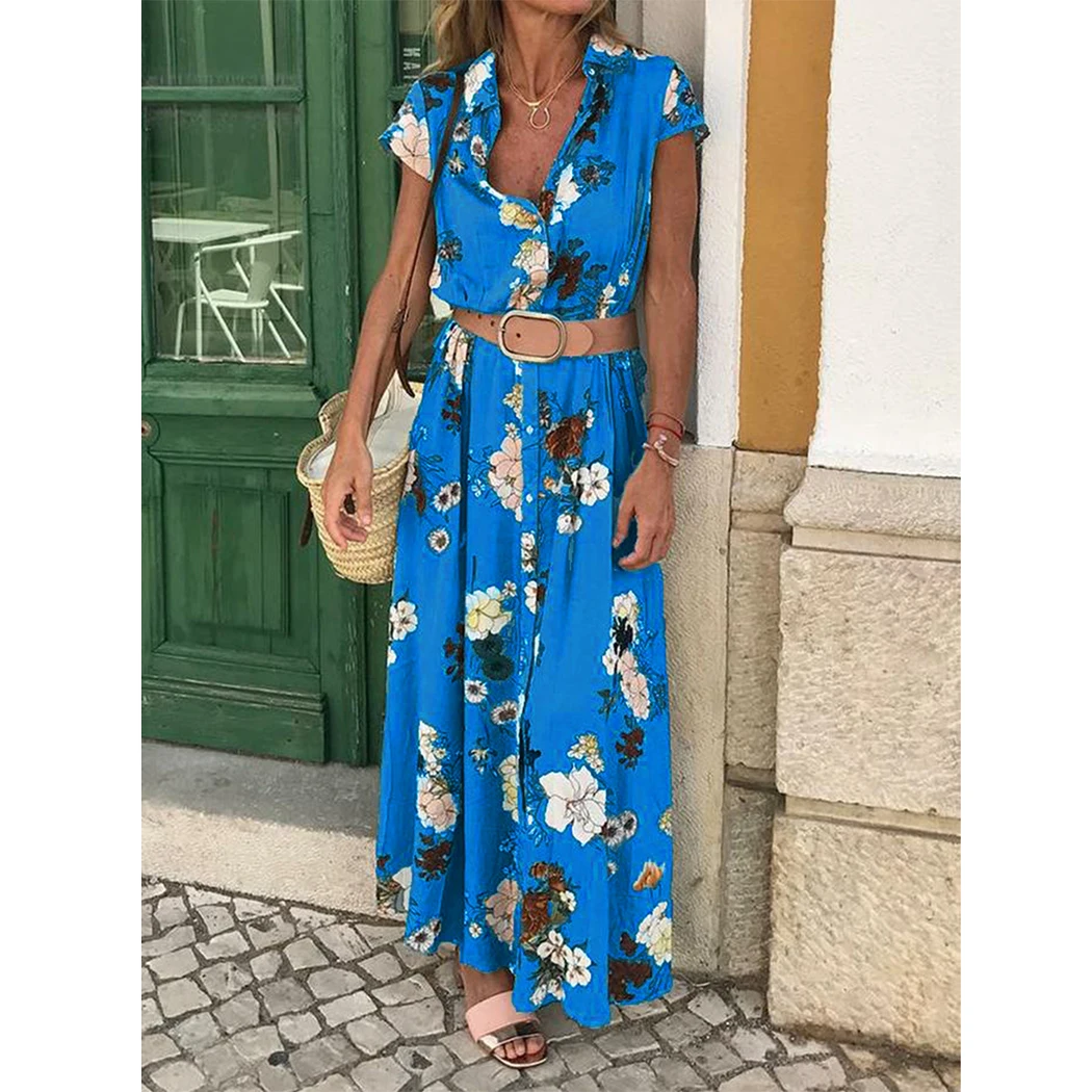 Женское платье с цветочным принтом Boho длинное отворотом и коротким рукавом на
