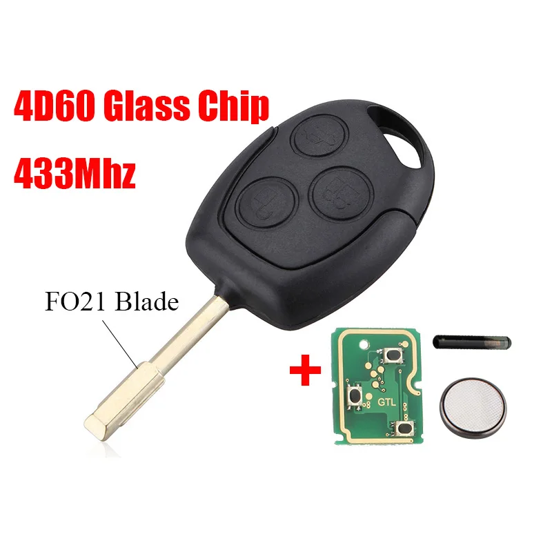 FO21 4D60 Glass Chip BHKEY 3 кнопки дистанционного ключа автомобиля 433 МГц для Ford Fusion Focus Mondeo Fiesta Galaxy 2001-2008 ключи автомобиля - Цвет: FO21 4D60 Glass Chip