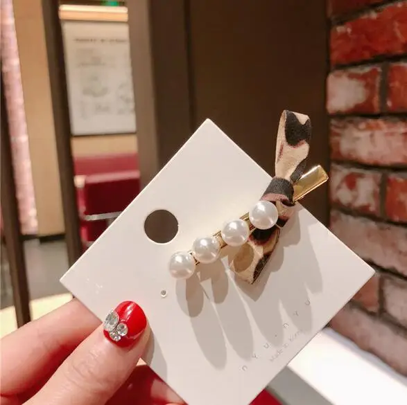 Korea Fashion Imitiation Pearl Crystal Hair Clips Leopard Bowknot Hairpins Accessories for Women Barrettes | Украшения и