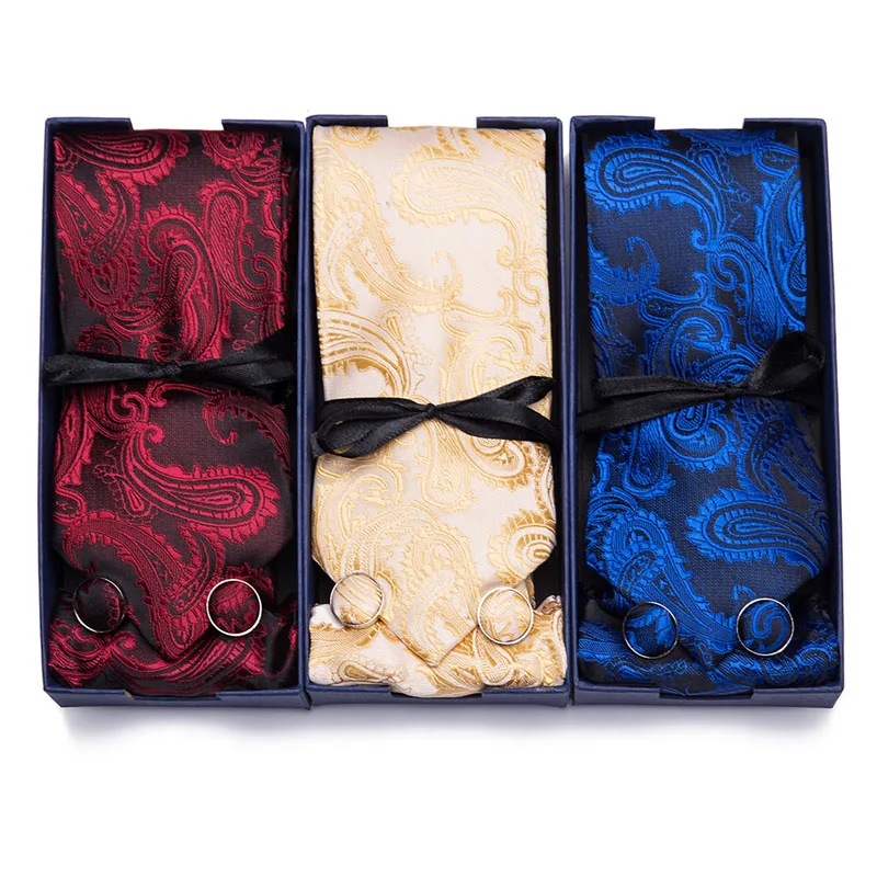 Новинка галстук с узором пейсли красные синие золотые запонки Hanky набор 100% ручной