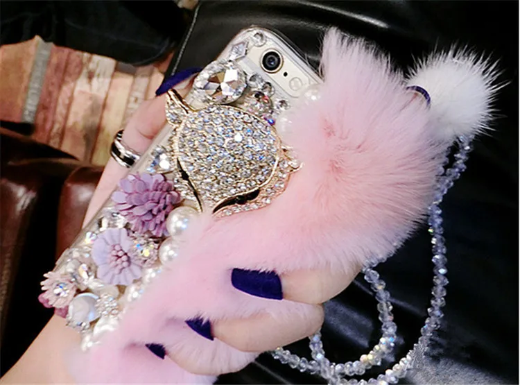 For Xiaomi Redmi 8 9 8A 9A 9C 10X Pro Note 8T 9T 10 4G 5G Cute Soft Fluffy Rabbit Fur Hair Bling Diamond TPU Phone Case | Мобильные