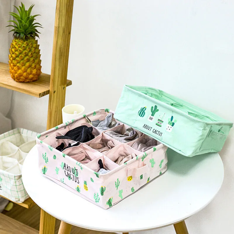 

New Hot Selling 9 Cells Cactus Portable Cotton Folding Storage Container Box Underwear Sock Organizer Storage Container