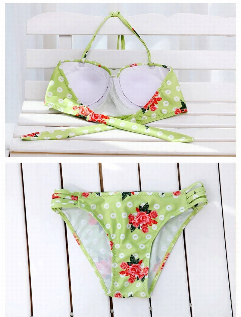 Rose Flower Printed Green Swimwear Set Brazilian Bathing Suit Push Up Swimwears Women Swimsuit Female Bikini Biquinis |
