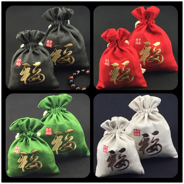 Chinese Embroidery Fu Large Christmas Gift Bags for Jewellery Pouches Drawstring Cotton Linen Wedding Party Gift Bags 10pcs/lot