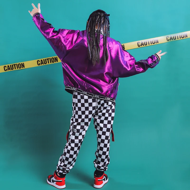 2019 New Children Street Jazz Dance Costume Suit Boys Girls Modern Hip Hop Clothing Purple Jacket Plaid Pants Tide DL3573 | Тематическая