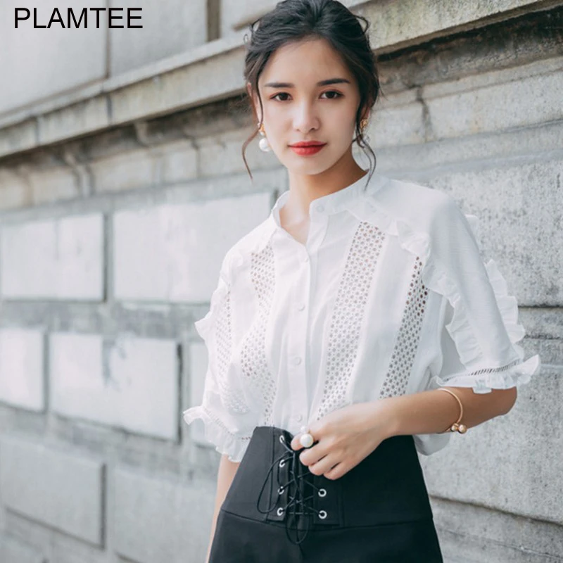 PLAMTEE Мода белый выдалбливают Для женщин блузка лето с рукавом лепестком и
