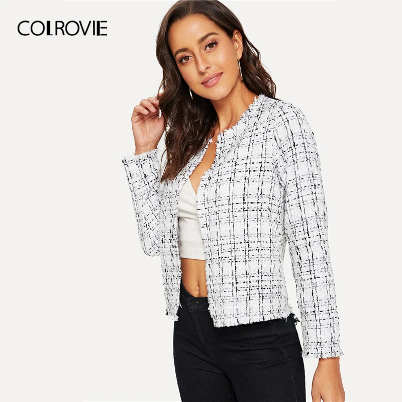 COLROVIE, белое, в клетку, потертый край, твид, открытая планка, элегантное пальто для женщин, верхняя одежда, весна, корейский стиль, для офиса, для девушек, винтажные Топы