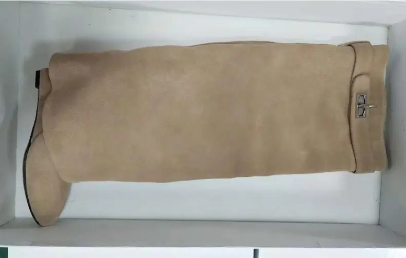 beige suede Г., шикарные сапоги до колена из натуральной кожи женские ботинки на танкетке с острым носком, серебристым металлическим замком в виде акулы женские дизайнерские высокие сапоги - Цвет: beige suede