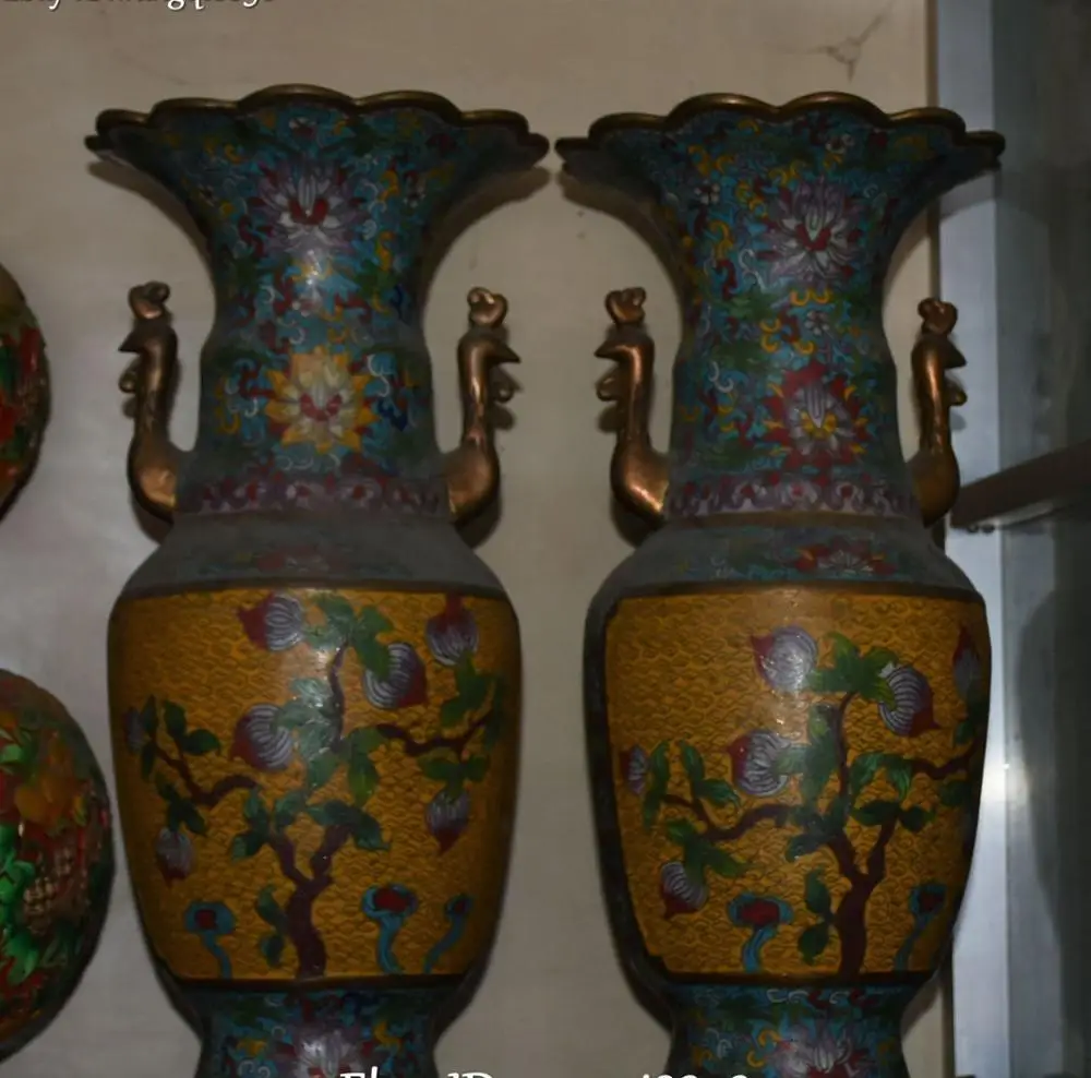 17" Cloisonne Bronze 24K Gold Gilt Peach Tree Phoenix Bottle Vase Flask Pot Pair | Дом и сад