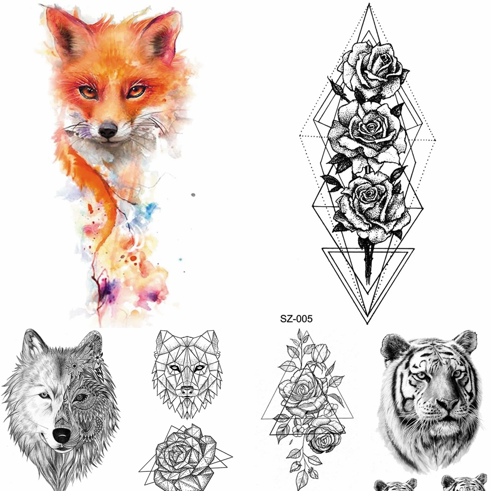 

Watercolor Fox Temporary Tattoo Women Arm Art Stickers Girls Neck Geometric Flower Fake Tatoos Men Small Lion Waterproof Tattoo