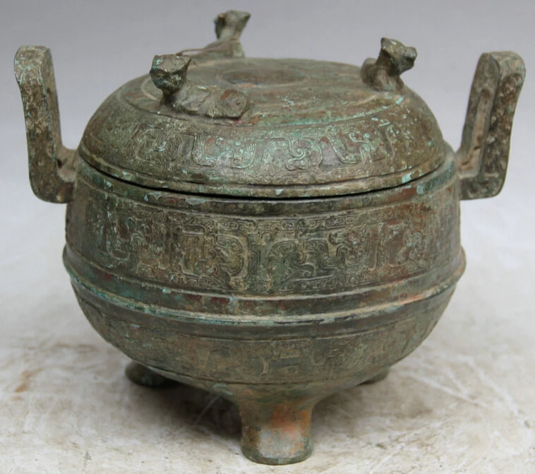 

song voge gem S2282 13" Old China Dynasty Bronze 3 Beast Food Wine Ware Vessel Handle Pot Jar Crock