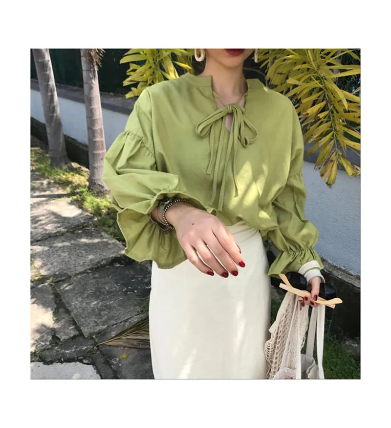 Summer Women Shirts 2018 Korean Fashion Chic Green Black Tops Loose Sunscreen Female Sweet Puff Sleeve Slim Blouse | Женская одежда