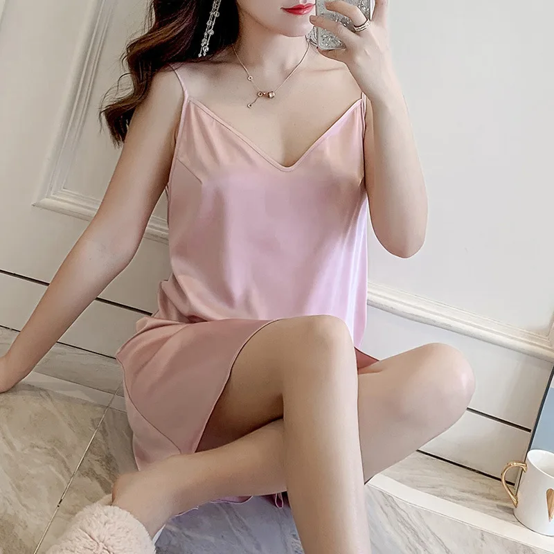 Pink Летняя новинка, Длинная женская ночная рубашка на бретельках, черная сексуальная модная женская одежда для сна - Цвет: Pink