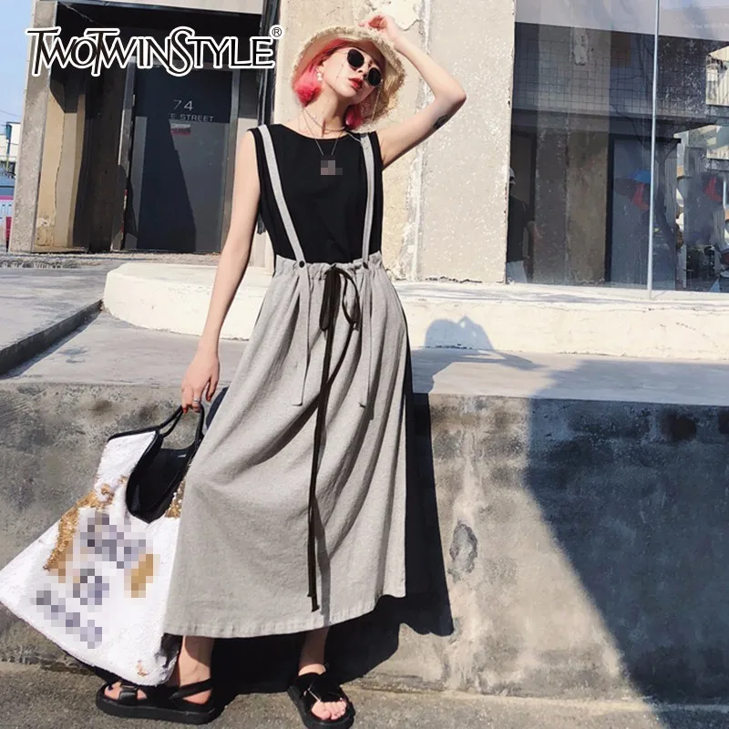 TWOTWINSTYLE лоскутное женское платье без рукавов завязки Высокая Талия Длинные