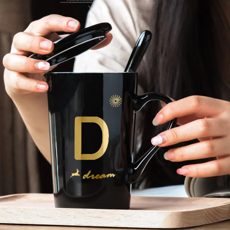 

European creative 450ml ceramic coffee milk cup letter theme lucky cup with lid and spoon birthday wedding gift for friends